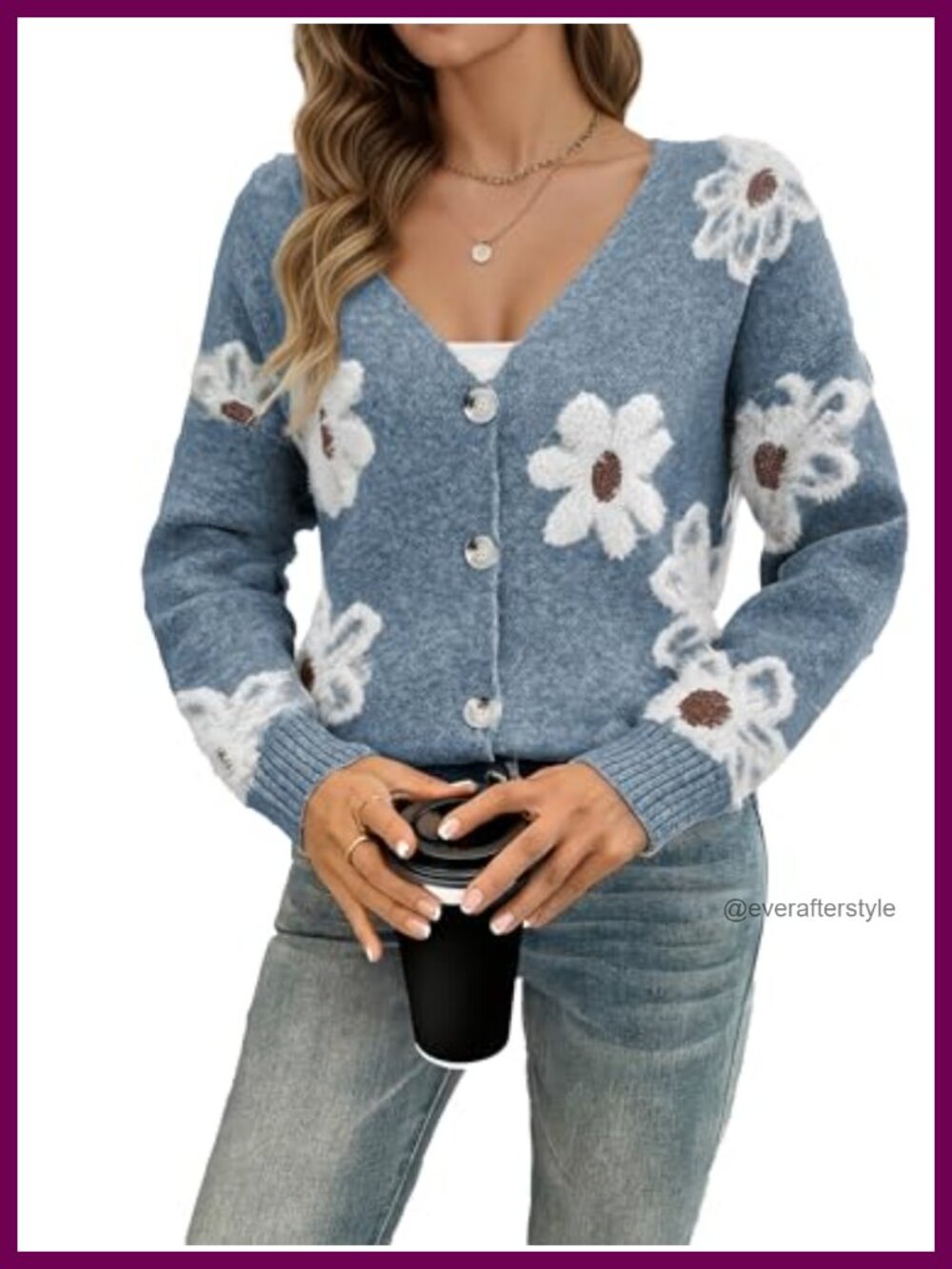 Women's Floral Knit Cardigan Long Sleeve V-Neck Button Sweater